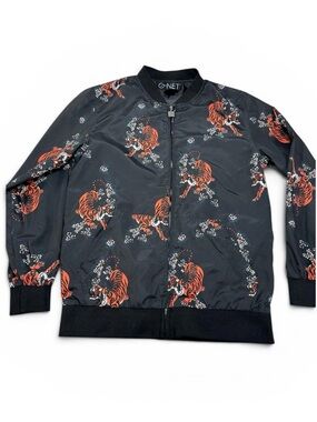 G-Net Black & Orange Tiger Floral Print Bomber Jacket Unisex Large - Extra Large